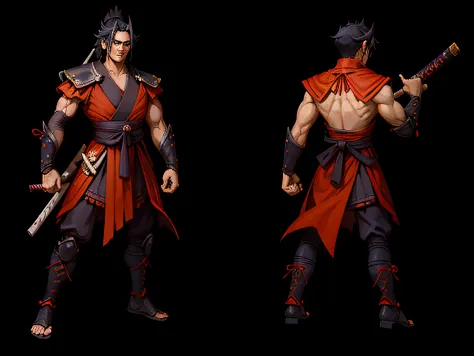 The character is a ronin samurai with black hair that flows elegantly. His right arm is demonic, de cor vermelha intensa, com ga...