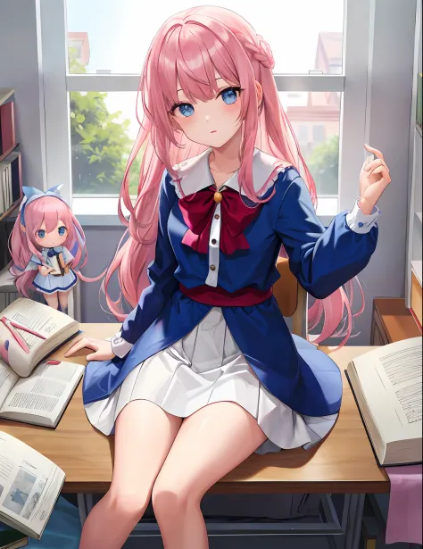 one-girl, Blue gradient clothes, white  skirt, White skin, naked leg, The barefoot, Blue and pink hair, long whitr hair, Bow knot, Big blue eyes, Delicate facial features，Messy room, book, a chair, desks, window, dolls, janelas, Anime style, Chiaroscuro, C...