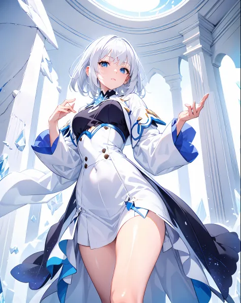 Girl,White hair,Medium hair,Blue eyes,white background,from below,crystal,full bodyesbian,standing,hand on hips,Small breasts