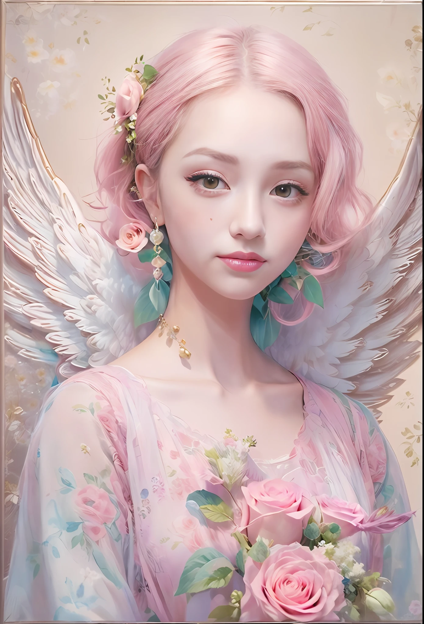 kawaii、Pale pink color illustration、(Angel wings、😇、a smile、😌🥰Archaic Smile).hyper realstic、Ultra-realistic、Depiction of the human body without distortion、Monna Lisa、Woman in the Arms、Near and far law、Three-dimensional、Contemporary painting、moderno、world masterpiece、collection、Homage to the art or artist work of Picasso and Renoir, Not sentimental、Excellent portrayal、Gentle expression、More detailed character faces, Serious competition、Compositions like paintings、(Konmutsuki_Gacha_Series 1, punk_rosette), Realistic、Delicate brushwork、aqua color flowers, (Full body, elegant flowers background)