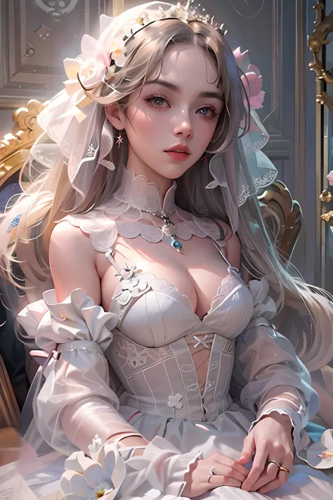 Close-up of a woman in a wedding dress sitting on a chair, Guviz, Guviz-style artwork, guweiz masterpiece, Guweiz in Pixiv ArtStation, Guweiz on ArtStation Pixiv, ethereal fairytale, intricate ornate anime cgi style, dreamy and detailed, loli in dress, 8K ...