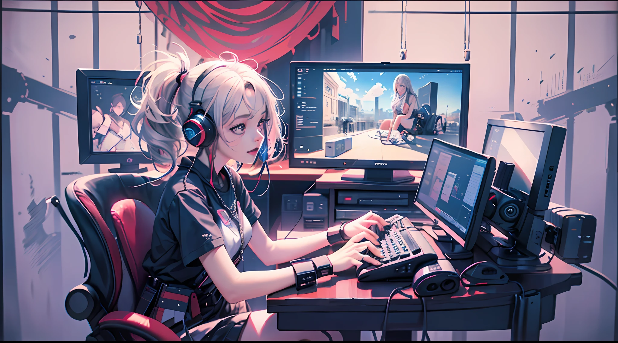 A girl playing with computer in study, White hair, tech-style, Pink, Purple, Blue, monitors, keyboard, notebook, desk work, computer host, mobile phone, Mouse, stereo, Illustration, iphone, Mac, MacBook, AirPods pro, Wireless headphones, Short-sleeved T-shirt, Short skirt, wide-angle lens, (Full body photo), ​masterpiece、(Photorealsitic:1.4)、top-quality、beautiful  lighting、(ulzzang-6500:0.5)、Makima \(chain saw man\)、(Bob hair)+(A dark-haired)+(bangss)、blue eyess、blue eyess、laugh、((Ring-shaped eyes))、RAW Photography、8k UHD、film grains