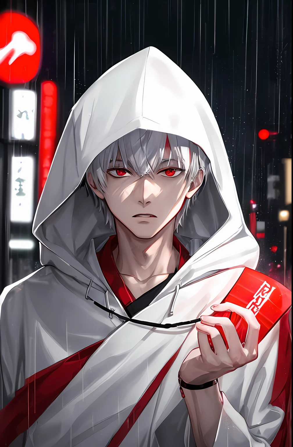 kk, best quality, more details, masterpiece, 1boy, kaneki ken, portrait, male focus, red eyes, solo, bangs, looking at viewer, hood, short hair, rain, tokyo tokyo \(city\),  hood up, nail polish, white hair, luxurious, 8k, detailed, ray tracing, depth of field, cinematic lighting,