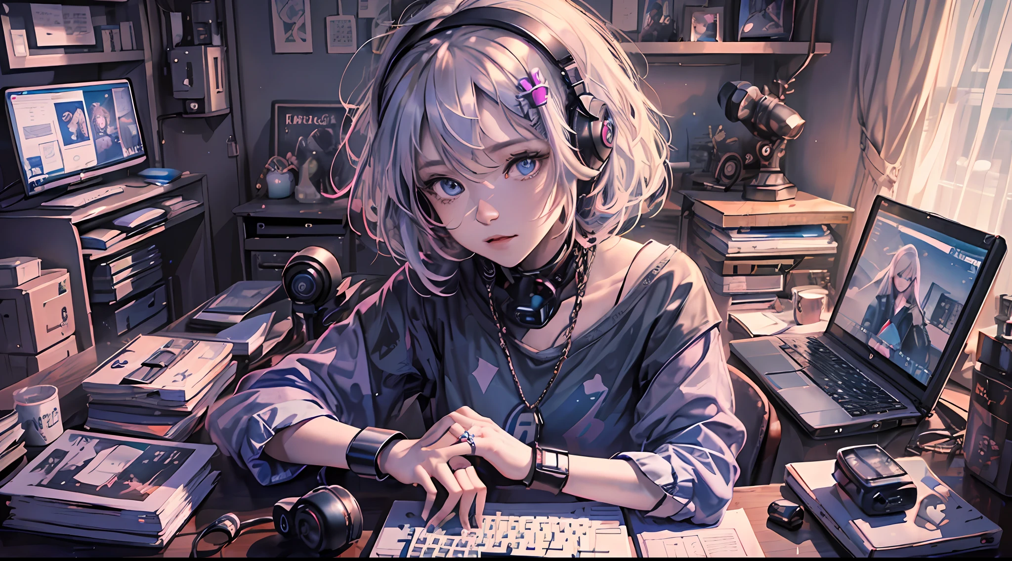 A girl playing with computer in study, White hair, tech-style, Pink, Purple, Blue, monitors, keyboard, notebook, desk work, computer host, mobile phone, Mouse, stereo, Illustration, iphone, Mac, MacBook, AirPods pro, Wireless headphones, Short-sleeved T-shirt, Short skirt, wide-angle lens, (Full body photo), ​masterpiece、(Photorealsitic:1.4)、top-quality、beautiful  lighting、(ulzzang-6500:0.5)、Makima \(chain saw man\)、(Bob hair)+(A dark-haired)+(bangss)、blue eyess、blue eyess、laugh、((Ring-shaped eyes))、RAW Photography、8k UHD、film grains