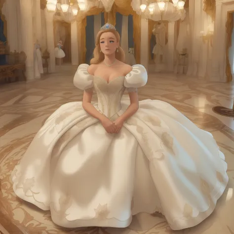 frustrated princess greer grammer standing in the middle of a room wearing a stately and elaborate cinderella ballgown of white ...