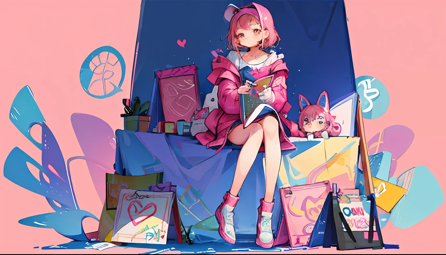 Girl, pink hair, a girl sitting on the ground while drawing on a graphic tablet, beautiful, colorful