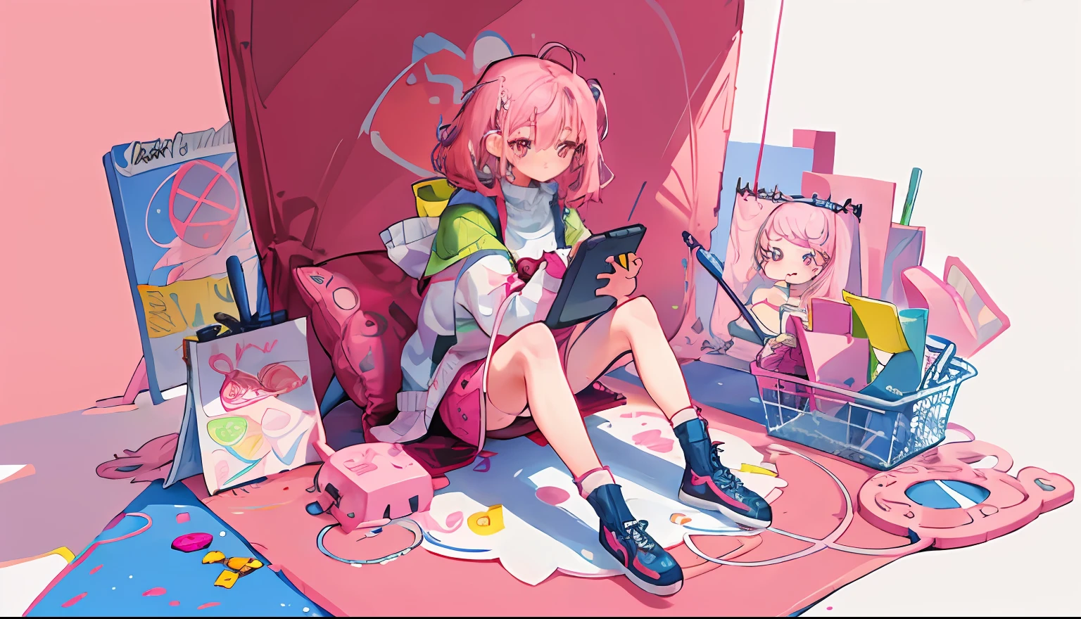 女の子, ピンクの髪, 地面に座ってグラフィックタブレットで絵を描いている女の子, 美しい, カラフル