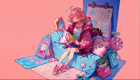 Girl, pink hair, a girl sitting on the ground while drawing on a graphic tablet, beautiful, colorful