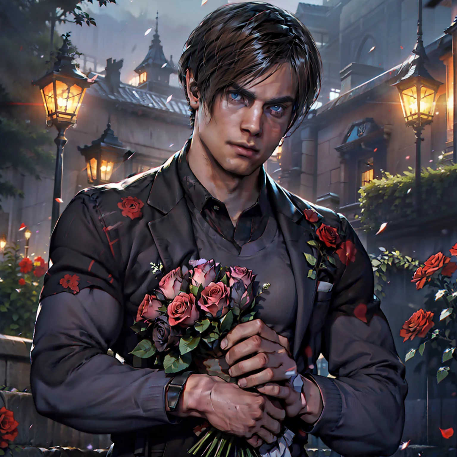 A handsome guy with a beautiful torso holds a bouquet of black roses in his hand, night