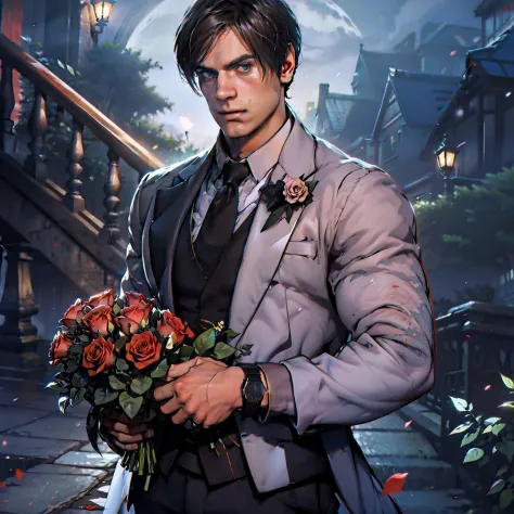 A handsome guy with a beautiful torso holds a bouquet of black roses in his hand, night