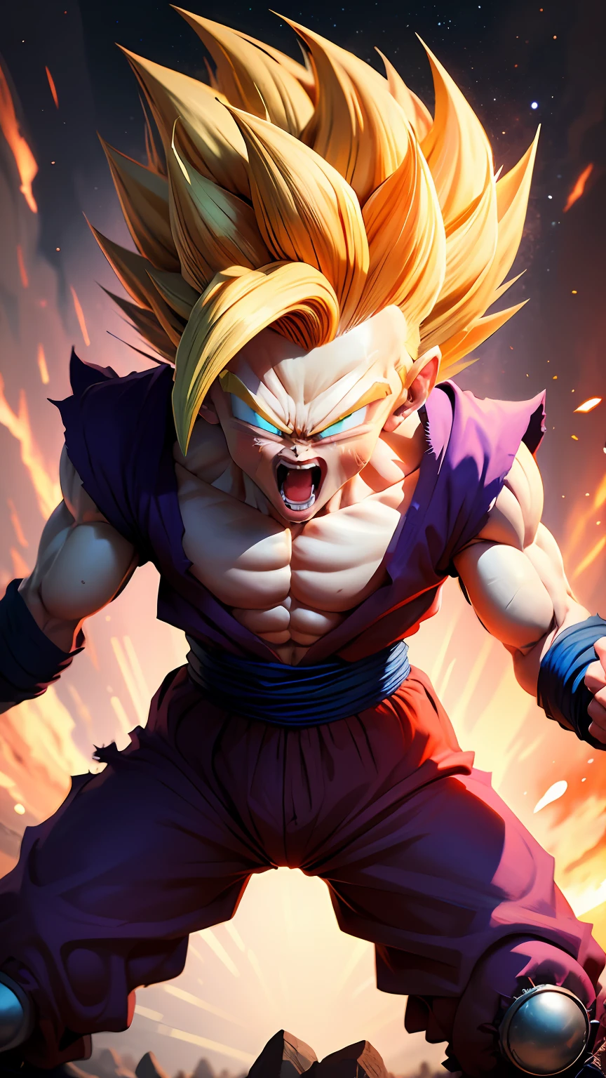 obra-prima, melhor qualidade, ultra-detalhado, adulto (SUPERSAYAJIN 3 Gohan FROM DRAGONBALL) 1boy, solo, corpo inteiro, sorriso maligno, cabelos grisalhos, cabelo espetado, olhos vermelhos, dougi, corpo inteiro, olhando para o espectador, foco masculino, terra \(planeta\), planeta , outer space, solo rachado e rochas subindo, RELAMPAGOS, PARTICULAS, escombros subindo, in a fit of rage. WITHOUT HEAD, BIRD VISION, HIPERREALIST, HIGH CONTRAST, (((ENTYRE CORP))), PROPHESSIONAL PHOTOGRAFY, 8K RESOLUTION, (((ENTYRE CORP))), Capture the essence of his burning determination and unyielding spirit as he unleashes his wrath upon his enemies. and intense to convey the raw power of GOHSN's anger.