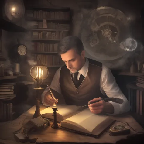 Crie uma foto ultra-wide de um homem no stilo steampunk, investigador em um escritorio cheio de maaquinas a vapor, reading a boo...