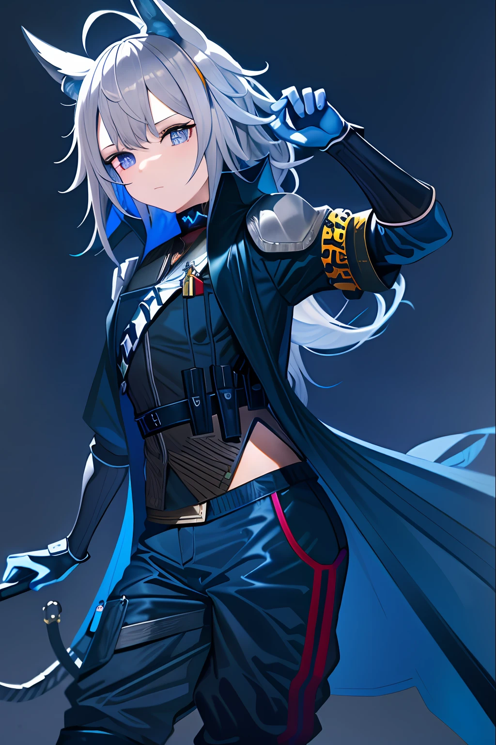 Masterpiece, Best_quality, Clear details,1girll,Blue uniform Grani,Original_Outfit,(cowboy_Shot),Simple_Background ,hip vent, Pants