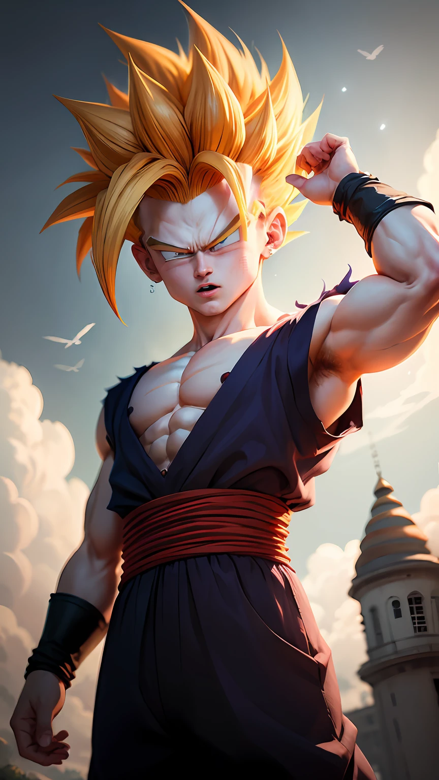 obra-prima, melhor qualidade, ultra-detalhado, adulto (SUPERSAYAJIN 3 Gohan FROM DRAGONBALL) 1boy, solo, corpo inteiro, sorriso maligno, cabelos grisalhos, cabelo espetado, olhos vermelhos, dougi, corpo inteiro, olhando para o espectador, foco masculino, terra \(planeta\), planeta , outer space, solo rachado e rochas subindo, RELAMPAGOS, PARTICULAS, escombros subindo, in a fit of rage. WITHOUT HEAD, BIRD VISION, HIPERREALIST, HIGH CONTRAST, (((ENTYRE CORP))), PROPHESSIONAL PHOTOGRAFY, 8K RESOLUTION, (((ENTYRE CORP))), Capture the essence of his burning determination and unyielding spirit as he unleashes his wrath upon his enemies. and intense to convey the raw power of GOHSN's anger.