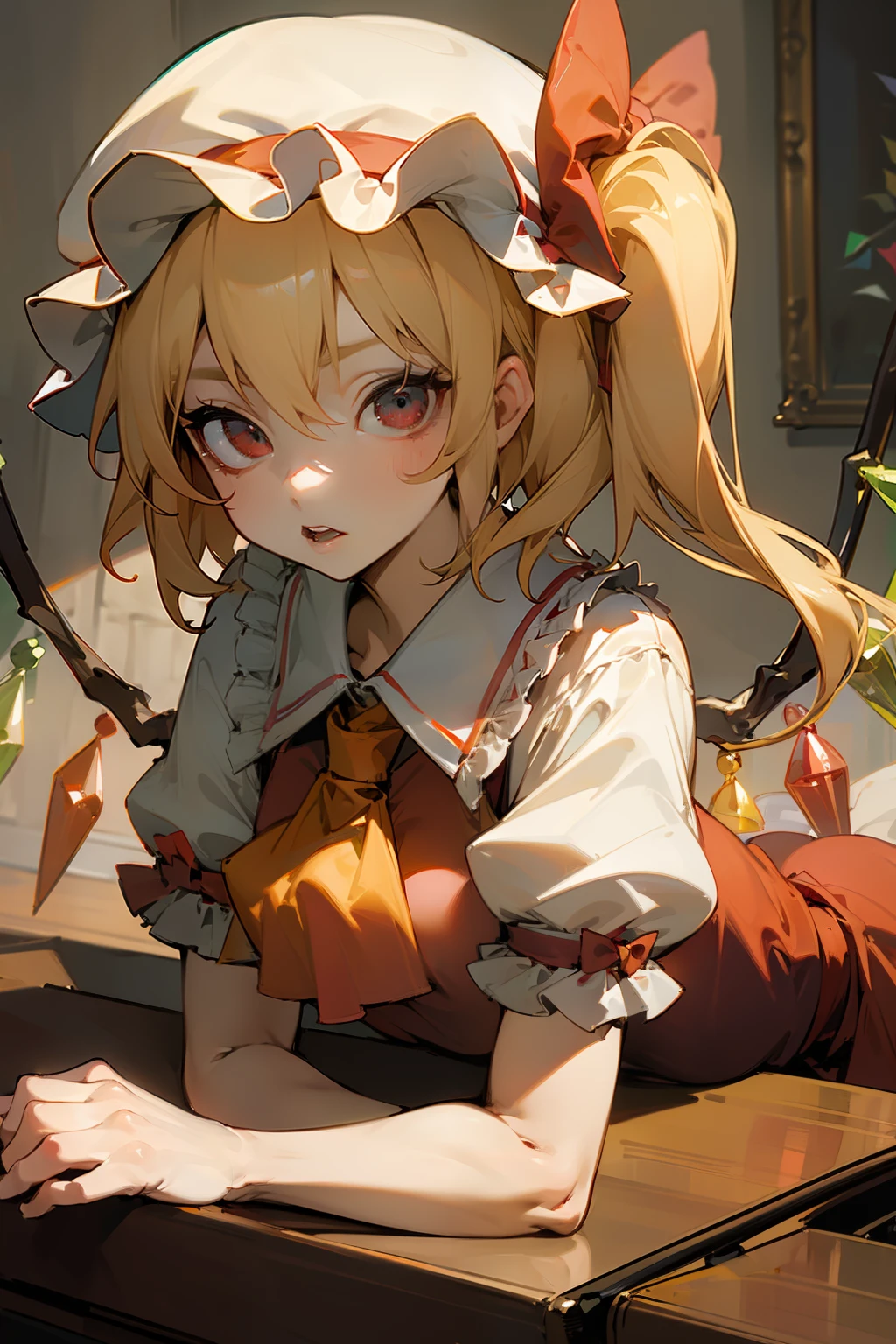 (masterpiece),best quality, expressive eyes, perfect face, 1girl,
big breast, H-cup, good breast, beautiful, gorgeous ,large breast, laying down breast facing ground,flandre scarlet,
1girl,blonde hair,mob cap,hair bow,bowtie,side ponytail,wings,short sleeves,vest,ascot