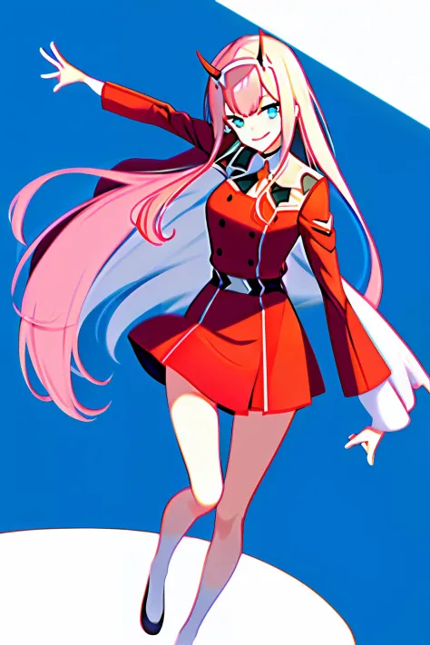 Zerotwo，high qulity， 1girll， By bangs， blue backdrop， green-eyed， shairband， banya， long whitr hair， longer sleeves， looking at ...