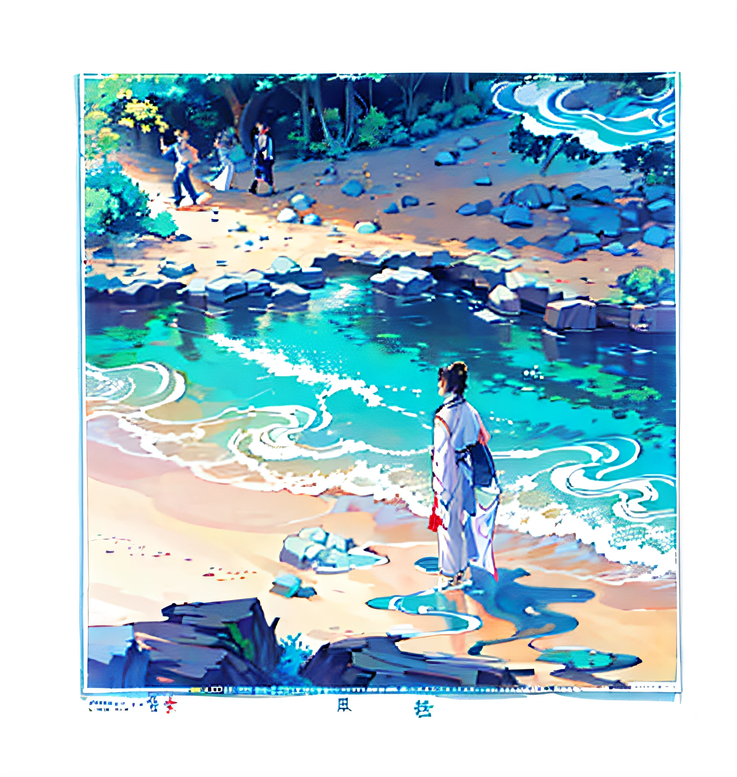 Desenhe um homem parado na água segurando uma prancha de surf, Chiba Yuda, Taoísmo, inspirado em Fu Baoshi, Jin Shan, ela está andando em um rio, autor：Shin Yoon Bok, feng shu, ilustração colorida, de pé em um rio raso, Zhang Daqian, autor：Guan Daosheng