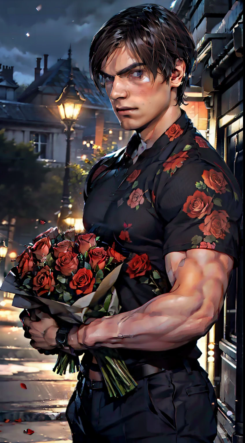 A handsome guy with a beautiful torso holds a bouquet of black roses in his hand, night