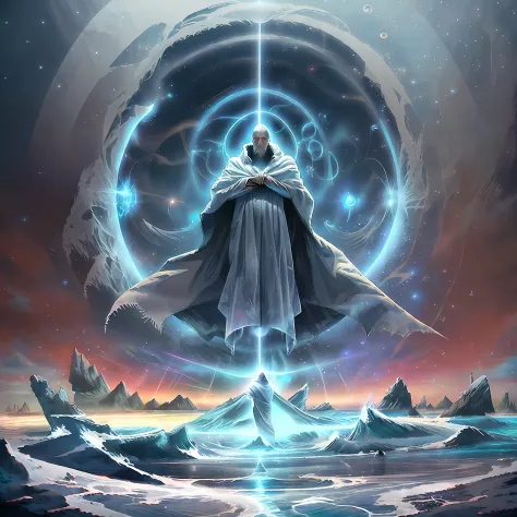 God gigantic man wrapped in a white cloak emerging from the ocean waters in front of a vortex, magical portal in the sky illumin...