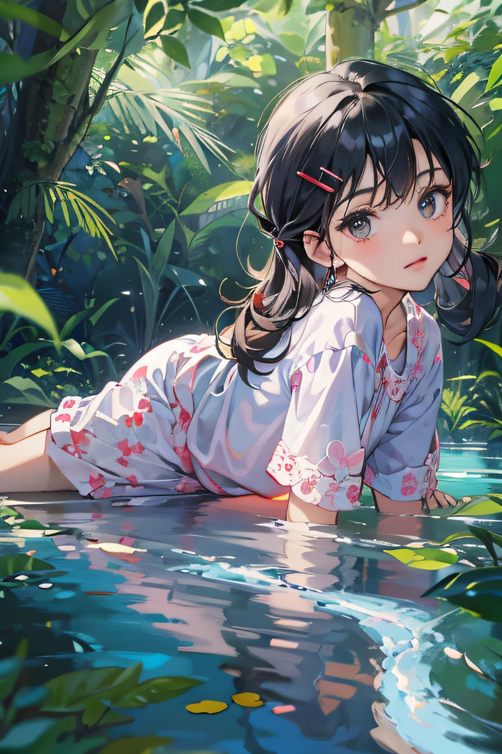 one-girl, Wear short pajamas, black color hair, long whitr hair, with brown eye, White slippers, In the forest, Dense trees, Clear lake, Cover the blue sky, Grass, Beautiful expression, drill hair, hairpin, hairpin, cinematic lighting, chiaroscuro, reflection light, 8k, super detail, high details, high details, best quality