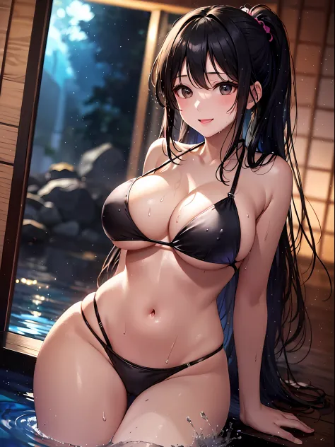 (top-quality: 1.3), (​masterpiece: 1.3), (The ultra-detailliert: 1.3), (wall-paper, one girls)、(Perfect beautiful black bikini:1.5)、(A dark-haired:1.3)、Longhaire、poneyTail、(Beautiful Large Breasts:2.0)、fullllbody、Open-air bath at a luxury ryokan、sky at nig...