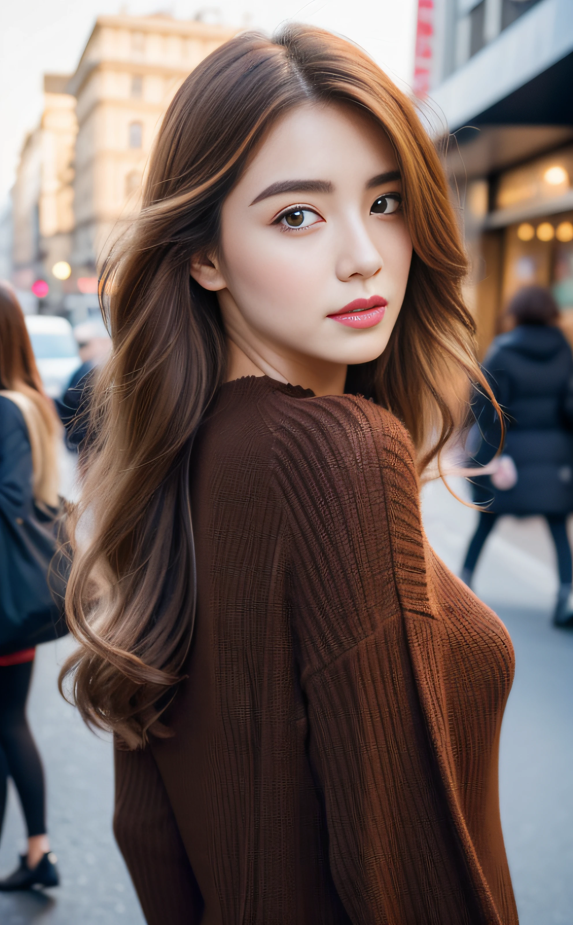 ((top-quality、8K、masuter piece:1.3))、Cinematic tones、Wide View、PM7:00、Model body shape beauty woman with bag and smartphone:1.20、(Highlight Haircuts)、(((Back lighting)))、Influencer、Bustling street、Black off-shoulder、full body Esbian、女の子1人、Hungarian、bule、shinny detailed skin、hyperdetailed face、A detailed eye、二重まぶた、full body Esbian、Brown hair、