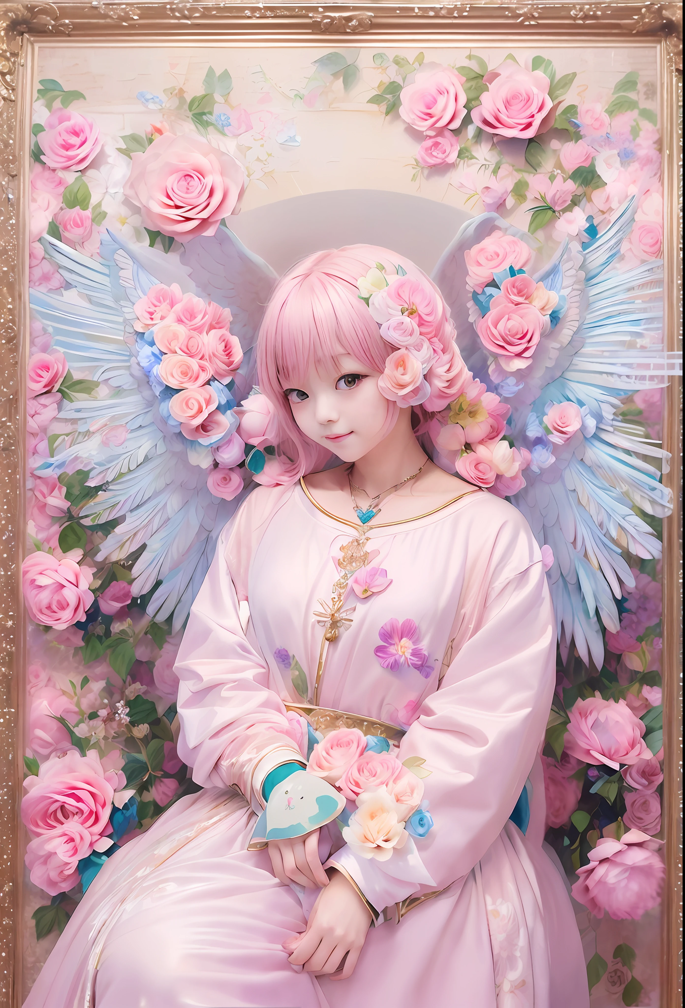 kawaii、Pale pink color illustration、(Angel wings、😇、a smile、😌🥰Archaic Smile).hyper realstic、Ultra-realistic、Depiction of the human body without distortion、Monna Lisa、Woman in the Arms、Near and far law、Three-dimensional、Contemporary painting、moderno、world masterpiece、collection、Homage to the art or artist work of Picasso and Renoir, Not sentimental、Excellent portrayal、Gentle expression、More detailed character faces, Serious competition、Compositions like paintings、(Konmutsuki_Gacha_Series 1, punk_rosette), Realistic、Delicate brushwork、aqua color flowers, (Full body, elegant flowers background)