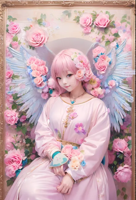 kawaii、Pale pink color illustration、(Angel wings、😇、a smile、😌🥰Archaic Smile).hyper realstic、Ultra-realistic、Depiction of the huma...