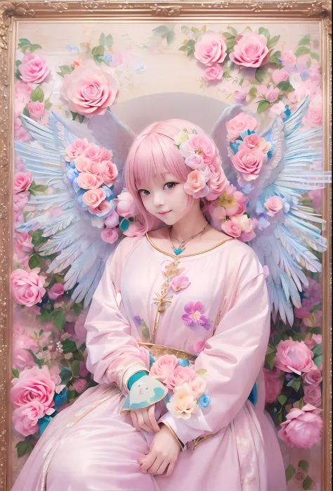 kawaii、pale pink color illustration、(angel wings、😇、a smile、😌🥰archaic smile).hyper realstic、ultra-realistic、depiction of the huma...