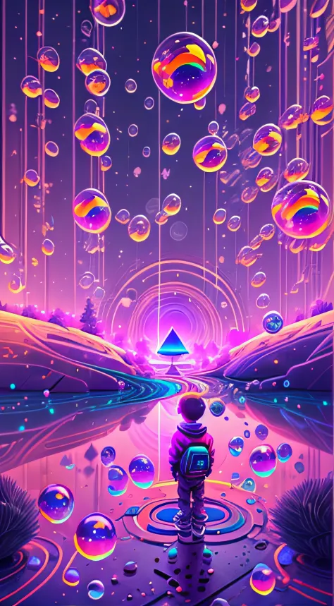 anime scene of a boy standing on a Mysterious path to a land of bubbles, looking at a space with bubbles, 3 d render beeple, bee...
