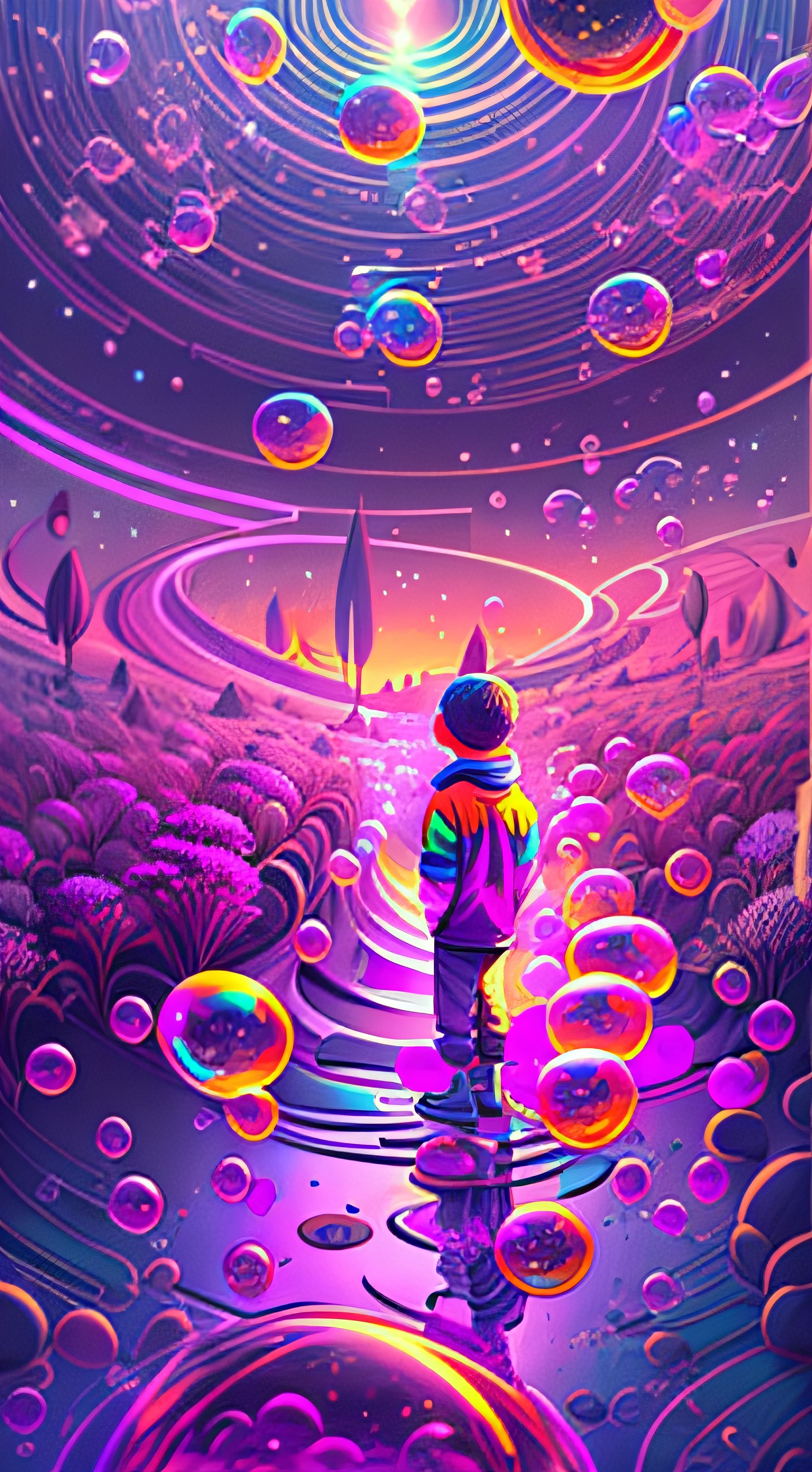 anime scene of a boy standing on a Mysterious path to a land of bubbles, looking at a space with bubbles, 3 d render beeple, beeple masterpiece, beeple rendering, beeple artwork, artgem and beeple masterpiece, inspired by Beeple, in style of beeple, beeple art, beeple daily art, beeple style