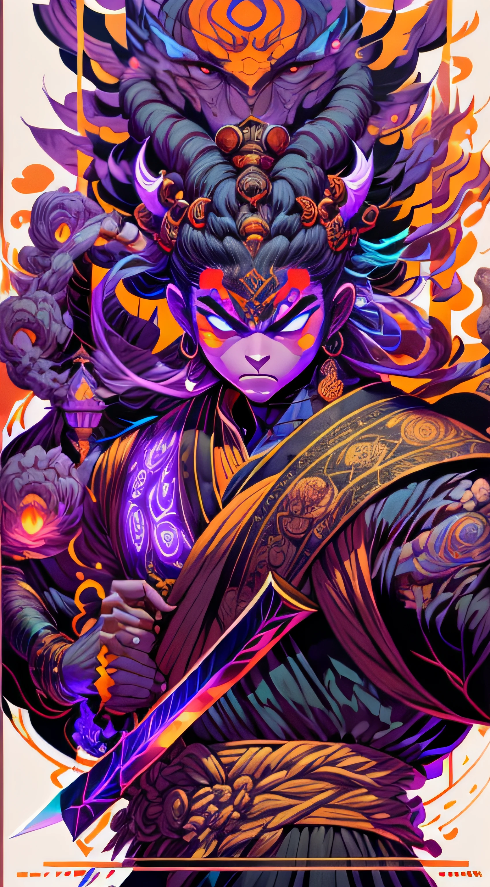 Craft an exquisite, high-resolution 4K masterpiece that encapsulates a full-body wide shot of a poster featuring an Oni face. The piece should be intricately detailed, inspired by the techniques of renowned artists such as Ryan Yee, Sachin Teng, JC Leyendecker, Jen Bartel, Beeple, and James Jean, with a particular emphasis on Sachin Teng's style. 

The artwork should reflect the aesthetic of Shin Hanga, a winner of the Behance contest, and should achieve perfect symmetry. The subject of the portrait is Akuma, complete with Oni horns. The atmosphere should be ethereal, with smoke, white light, and strong light elements. 

Incorporate elements of surrealism into the piece, with ultra-detailed features and glowing eyes. The full-body shot should also include a close-up of the body, with Akuma holding weapons - a katana and a double dragon winding. 

The color palette should be dominated by a mesmerizing blue light, and a bracer should be part of the attire. The piece should be available in HD, Ultra HD, and 4K resolutions. Finally, to add a dramatic effect, include a thunderous backdrop to the scene, creating a surreal and captivating masterpiece.