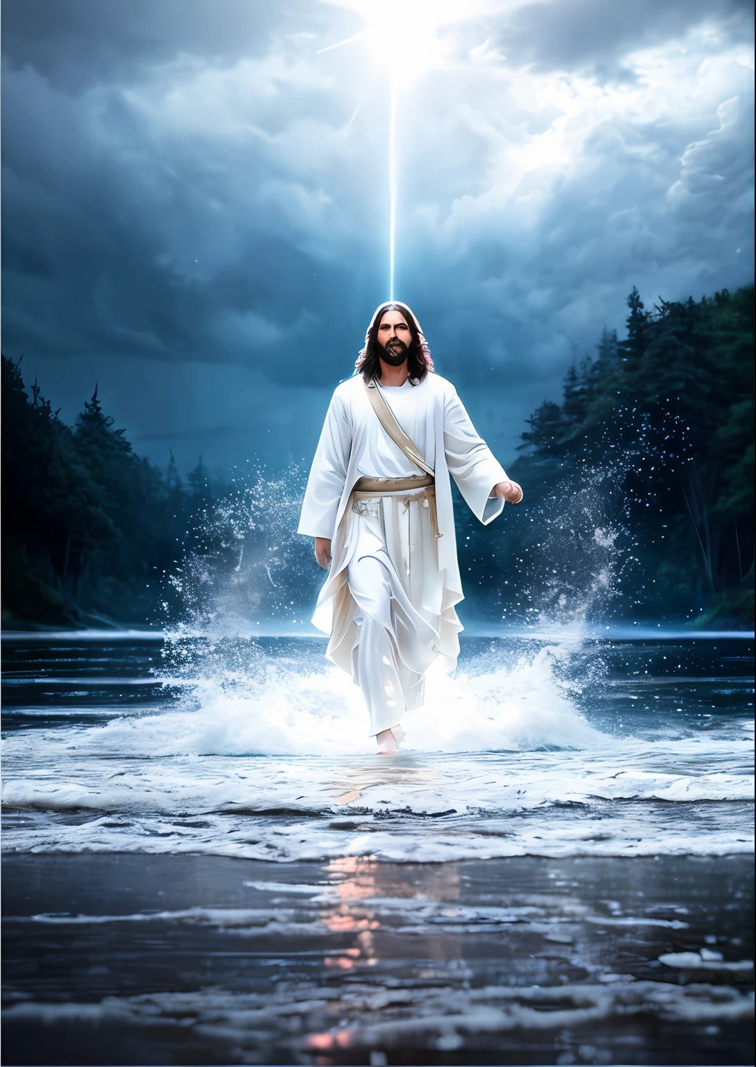 Jesus walking on water in a storm, gentle expression, streaks of light coming down from the sky, masterpiece, highest quality, high quality, highly detailed CG unit 8k wallpaper, award-winning photos, bokeh, depth of field, HDR, bloom, chromatic aberration, realistic, very detailed, trending at artstation, trending at CGsociety, complex, high detail, dramatic, mid-journey art, volumetric lighting