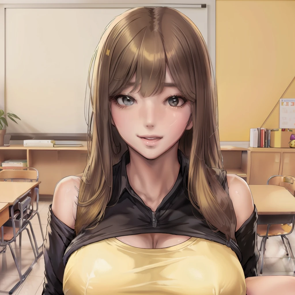 Anime girl with big breast in a classroom with desks - SeaArt AI