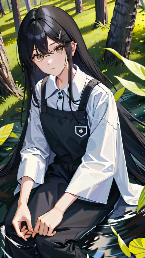 one-girl, Wear short pajamas, black color hair, long whitr hair, with brown eye, White slippers, In the forest, Dense trees, Clear lake, Cover the blue sky, Grass, Beautiful expression, drill hair, hairpin, hairpin, cinematic lighting, chiaroscuro, reflect...