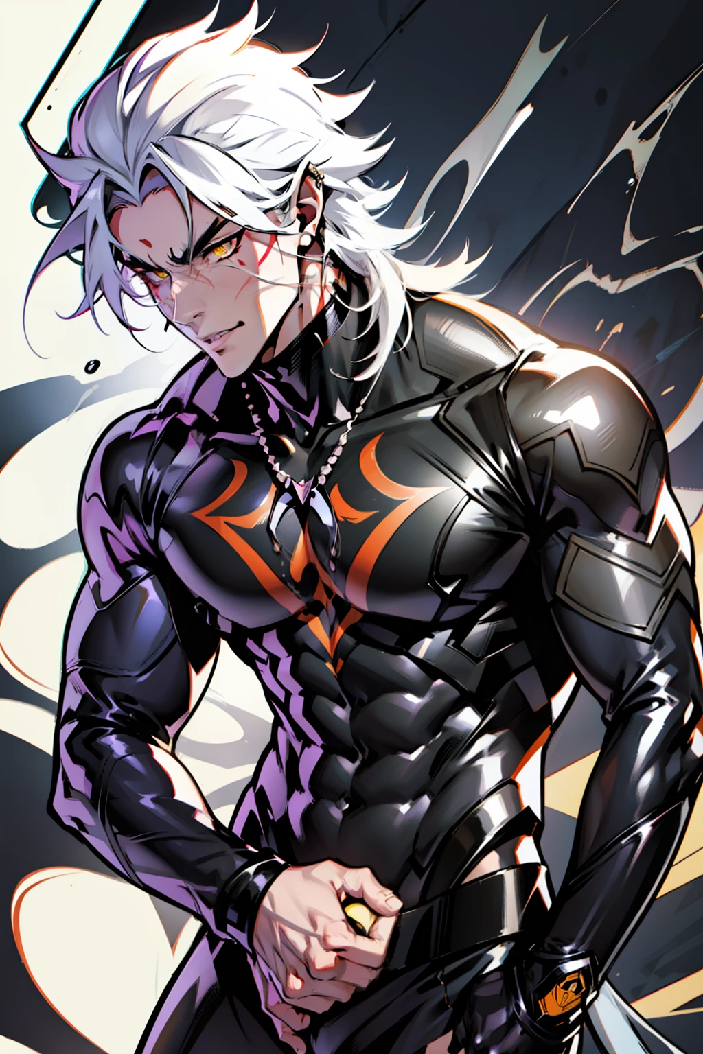 《the original god》Arataki Kazuto  , male people， chest muscle， Sexy , Venom symbiote for your body, Black mucus of the body , into venom, venomize，Black bodysuit，Abs，（Adult male）（（Venom possession，venom symbiote）），((Masterpiece)), ((Best quality)), Ultra detailed,((illustration)), Dynamic Angle, Detailed light, (Delicate eyes), Floating, 1boy, Male focus, Head, Clothing, Yellow eyes, necklace, tattoo, (Forehead:0.8), (ahoge:0.8), jewelry, whaite hair,apathy，Ray， chest muscle， Sexy , Venom symbiote for your body, Black mucus of the body , （into venom）, Venom，frontage，Bust photo，White tight-fitting top，spiderman outfit，style of anime4 K， 4K anime wallpaper， Badass anime 8 K， 4 k comic wallpaper， young anime man， Anime boys， Anime wallpapers 4 k， Anime wallpaper 4K， High quality anime art style， Anime moe art style， Anime art wallpaper 8 K， Anime art wallpaper 4 K， RGB lighting，