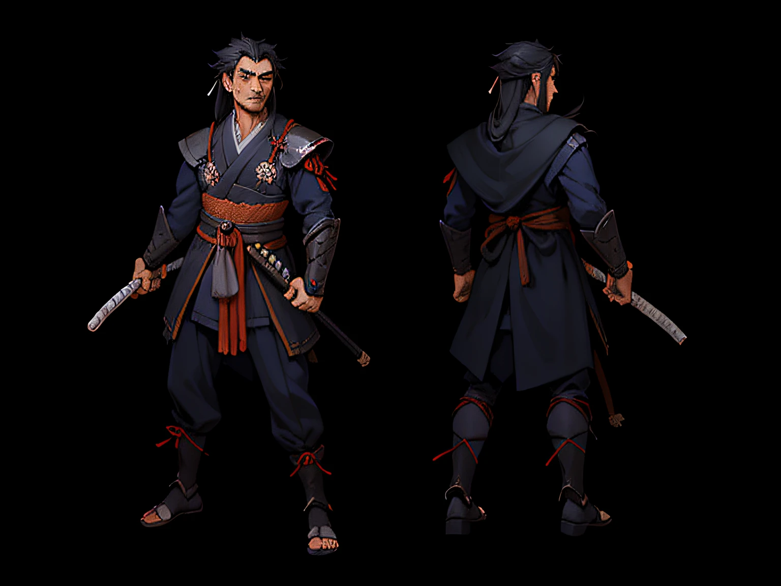 O personagem é um jovem ronin samurai de aproximadamente 2. Seus cabelos pretos fluem elegantemente, enquadrando seu rosto com um ar de determinação. O braço direito é demoníaco, irradiando uma cor vermelha intensa e ostentando garras afiadas que lembram as de um predador feroz.

Inspirado por Musashi Miyamoto de Vagabond, O samurai emana uma aura palpável de determinação e destemor, destacando-se entre seus pares. O estilo de desenho é executado com maestria, seguindo a influência do traço icônico de Boichi. Detalhes meticulosos combinam harmoniosamente com linhas fluidas para criar uma representação visual impressionante.

Sombras aplicadas com maestria realçam cada contorno e acentuam a aparência imponente do personagem, acrescentando profundidade e mistério à sua presença. A folha de design de personagem fornece uma imagem completa, apresentando-o em corpo inteiro em três perspectivas distintas (frontal, lateral e traseira), permitindo que os espectadores apreciem totalmente cada ângulo e detalhe deste notável samurai ronin.