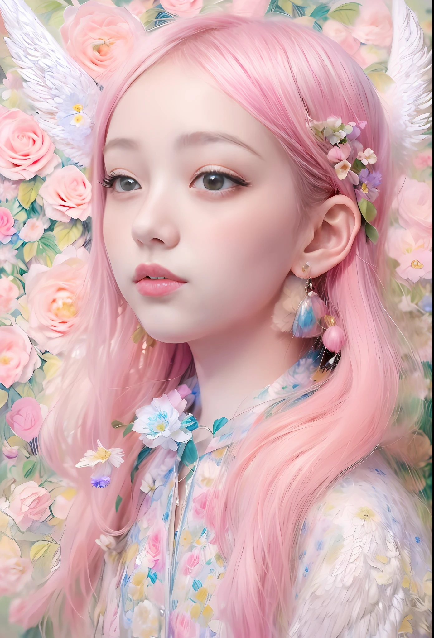 kawaii、Ilustración en color rosa pálido、(alas de angel、😇、Una sonrisa、😌🥰Sonrisa arcaica).hiperrealista、Ultrarrealista、Representación del cuerpo humano sin distorsión.、hombre lisa、Mujer en los brazos、Ley cercana y lejana、Tridimensional、Pintura contemporánea、moderno、obra maestra mundial、Recopilación、Homenaje al arte o obra del artista Picasso y Renoir., no sentimental、Excelente representación、expresión gentil、Caras de personajes más detalladas, competencia seria、Composiciones como pinturas.、(Konmutsuki_Gacha_Serie 1, punk_rosetón), Realista、pincelada delicada、flores de color aguamarina, (cuerpo completo, fondo de flores elegantes)