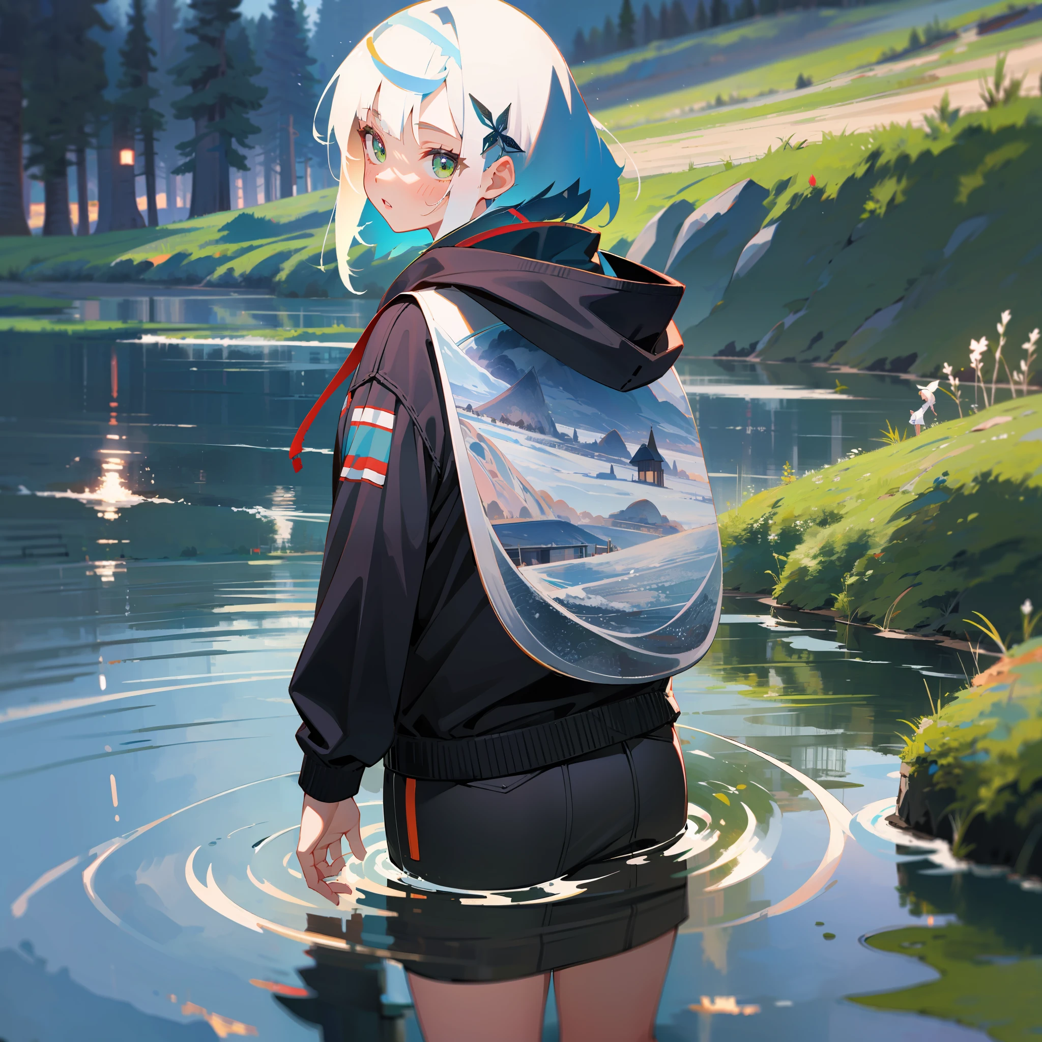 MKSKS style, (Very detailed background:1.0), (highly detailed back ground:1.0), 1girll, full_Body, , Hoodie, partly_unzipped, Masterpiece, Best quality, (1girll, Solo, Girl:1.2), Lake, Grass, walking on the water, Jumps, Stone ruins, color difference, Depth of field, Soft illuminated surface,Face only,White hair,Green eyes