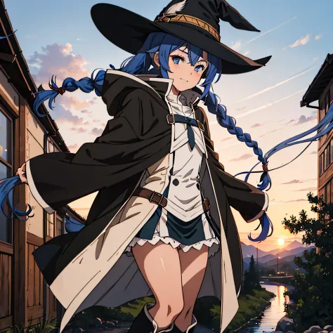 nsfw 1 girls, roxy migurdia, witch hat, blue eyes, blue hair, double up braid, double tails, (brown coat:1.1), cape, robe, braid...