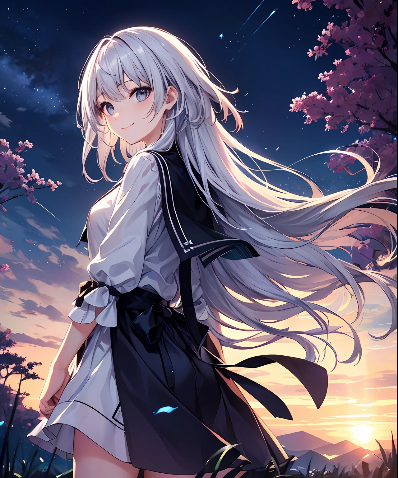 (​masterpiece、top-quality)、frontage、独奏、1girl in、lightly dressed、is standing、Hands folded behind your back、amidst nature、A smile、The long-haired、bluish-silver hair、Hair flutters in the wind、with light glowing