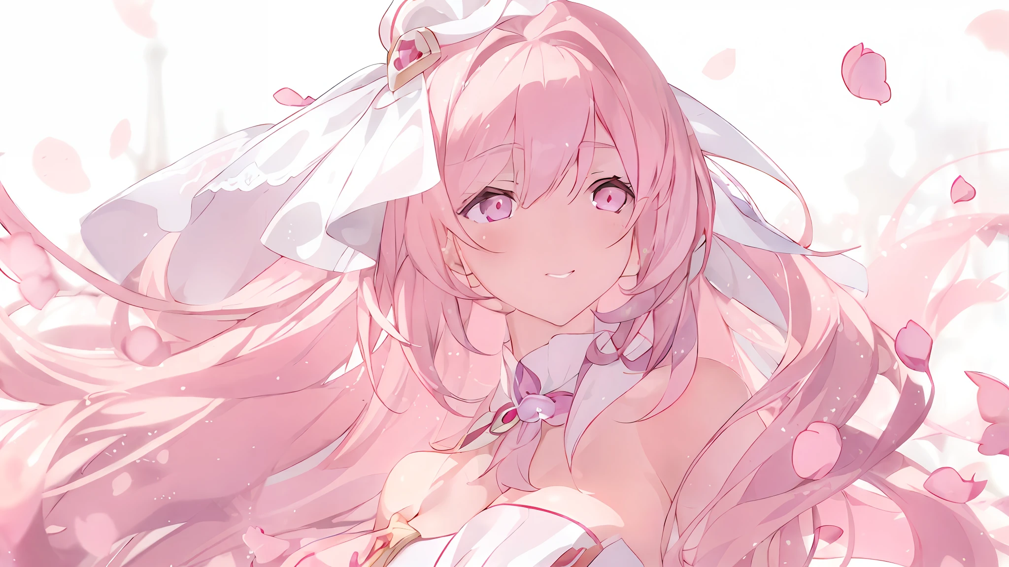 elysia_(honkai_impact), anime girl with long pink hair and a white hat, Arte Zerochan, Soft anime illustration, ethereal anime, sakura petals around her, Arte Oficial, arte chave detalhada do anime, arte de anime limpa e detalhada, arte de anime digital detalhada, cushart krenz arte chave feminina, arte oficial, portrait of magical young girl, night core, arte detalhada do anime