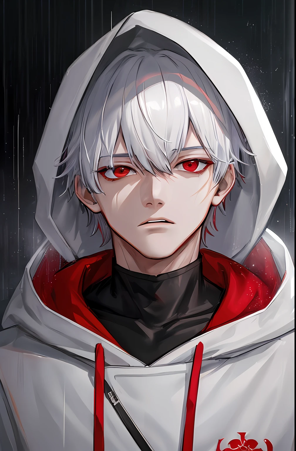 kk, best quality, more details, masterpiece, 1boy, kaneki ken, portrait, male focus, red eyes, solo, bangs, looking at viewer, hood, short hair, rain, tokyo tokyo \(city\),  hood up, nail polish, white hair, luxurious, 8k, detailed, ray tracing, depth of field, cinematic lighting,