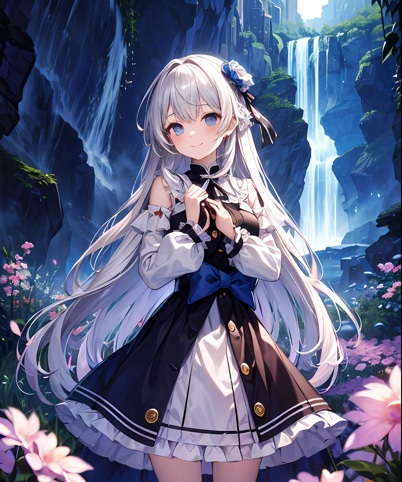 (​masterpiece、top-quality)、frontage、独奏、1girl in、a 1 girl、is standing、In nature、A smile、The long-haired、bluish-silver hair、Lightly dressed Lolita fashion、with light glowing、Fold your hands behind your back