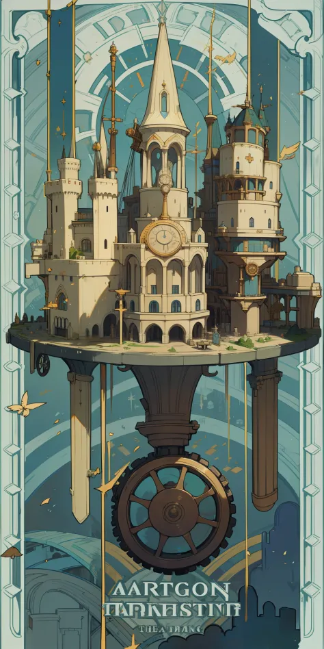 sky cities，Artistic sense，A castle suspended in the air，In steampunk style，gear wheel，Machinary