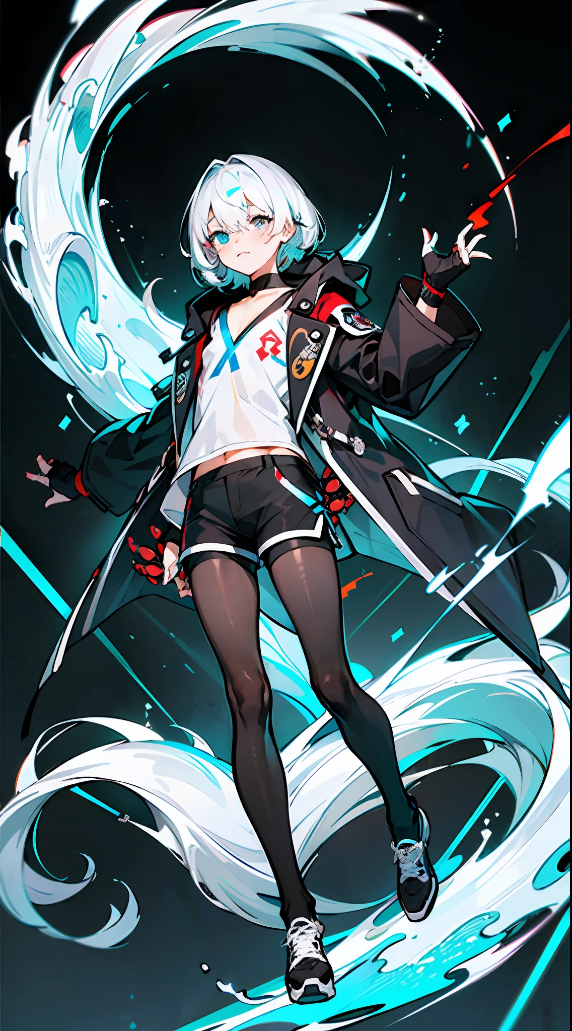 Masterpiece, Best quality, Solo,Boy, Pantyhose, White hair,Short hair, (Red and blue heterochromatic pupae:1.5),(White shirt:1.4),(Black shorts:1.5), blackfootwear, full bodyesbian, Black pantyhose, shirt, Shorts, Coat, Open coat, view the viewer, Hood, Sneakers, Open clothes, Black coat, (Flat chest:1.7), No breasts,Long sleeves, bangs, Fingerless gloves, Short hair, hair between eye,Black background