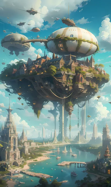IvoryGoldAI, a huge island interconnected by bridges are suspended in the air with many small airships flying around, cities, fa...