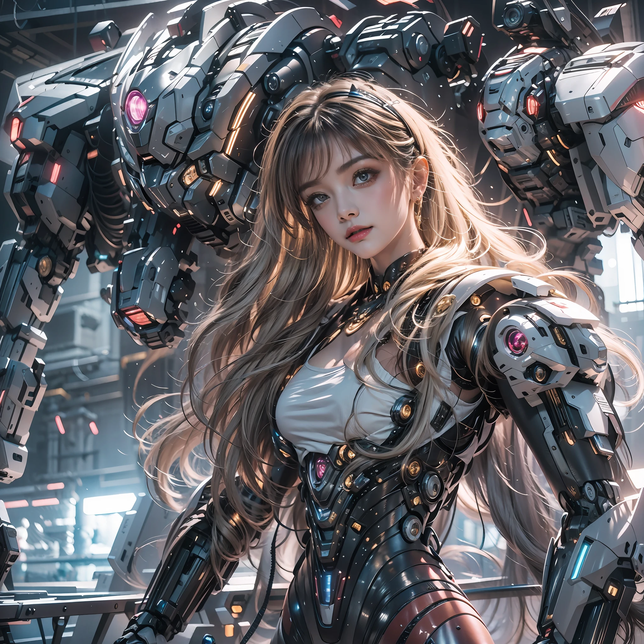 （（tmasterpiece，best qualtiy）），illustration，Ultra-detailed 8K，Clear focus，A highly detailed，Professional lighting，Colorful detailed，A girl and a mech，Beautuful Women，lottalewdsLargeMecha，cranny，with light glowing，with light glowing，Complicated details，（（1girl stands in front of the audience）），closeup cleavage，The upper part of the body