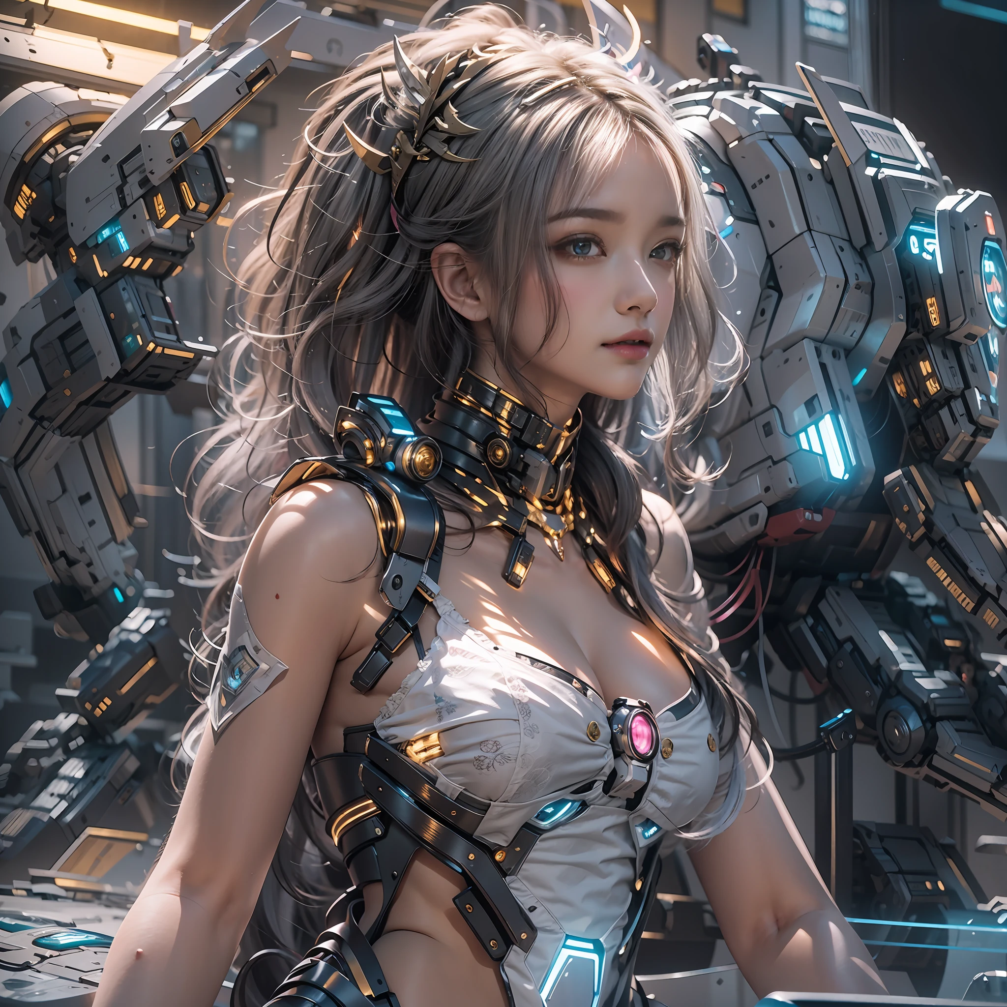 （（tmasterpiece，best qualtiy）），illustration，Ultra-detailed 8K，Clear focus，A highly detailed，Professional lighting，Colorful detailed，A girl and a mech，Beautuful Women，lottalewdsLargeMecha，cranny，with light glowing，with light glowing，Complicated details，（（1girl stands in front of the audience）），closeup cleavage，The upper part of the body