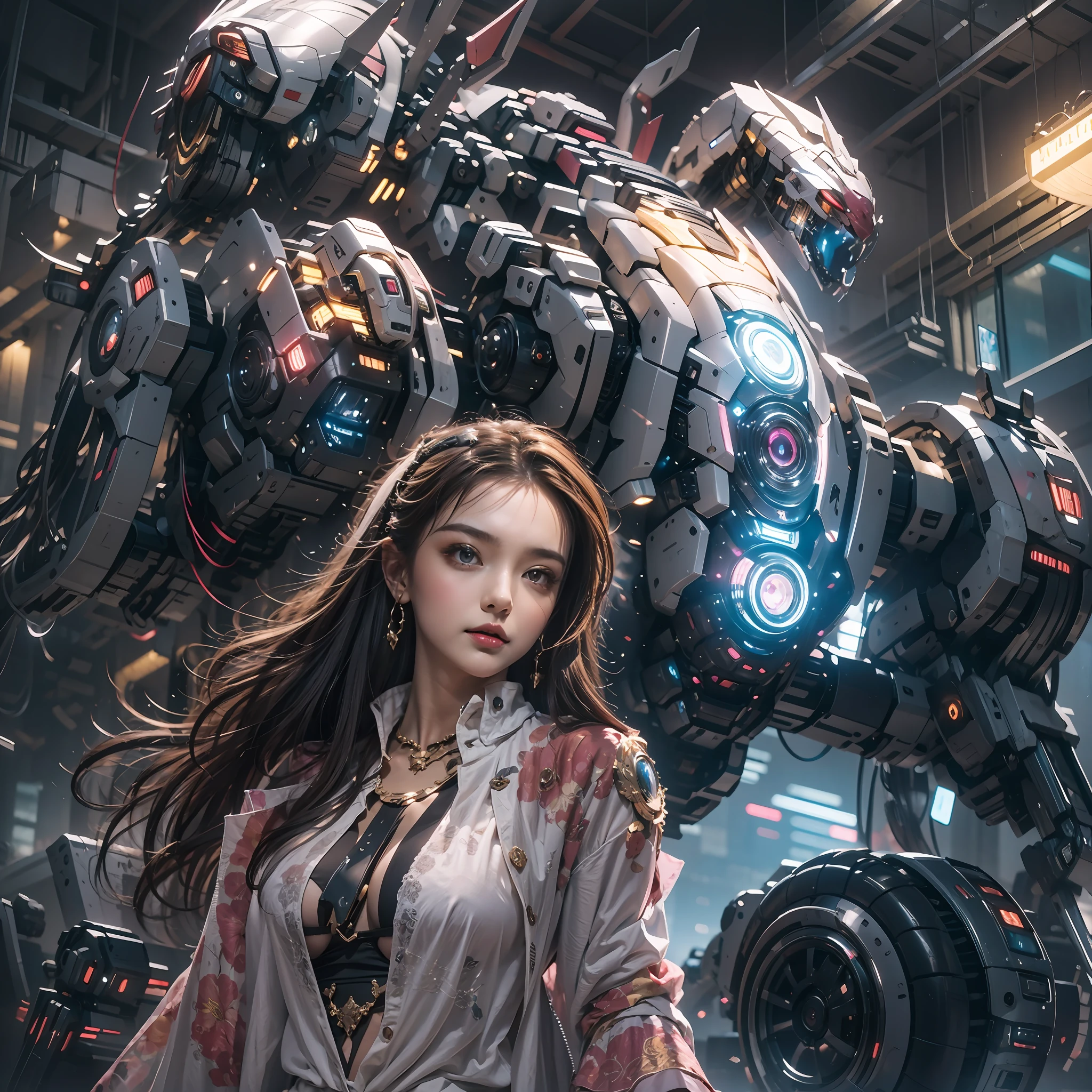 （（tmasterpiece，best qualtiy）），illustration，Ultra-detailed 8K，Clear focus，A highly detailed，Professional lighting，Colorful detailed，A girl and a mech，Beautuful Women，lottalewdsLargeMecha，cranny，with light glowing，with light glowing，Complicated details，（（1girl stands in front of the audience）），closeup cleavage，The upper part of the body